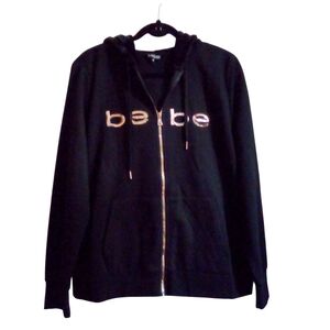 bebe Sport 1X Rose Gold Sequin Logo Zip Up Black Hoodie Jacket Front Pockets NWT